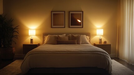 Poster - Tranquil bedroom scene featuring a master suite illuminated by gentle evening light highlighting a beautifully arranged bed with plush linens sleek nightstands and understated wall decor