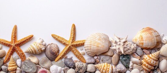 Poster - Starfish Seashells And Stones On White Background Travel Conception Design Ocean