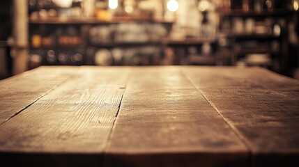 Aufkleber - rustic oak table in ambiently lit antique store environment with empty space for text