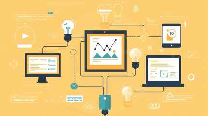 Poster - An illustration depicting a connected digital ecosystem with graphs, devices, and lightbulbs, symbolizing data analysis and innovation.