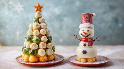 Festive croquembouche desserts designed as a Christmas tree and a snowman Perfect for holiday celebrations