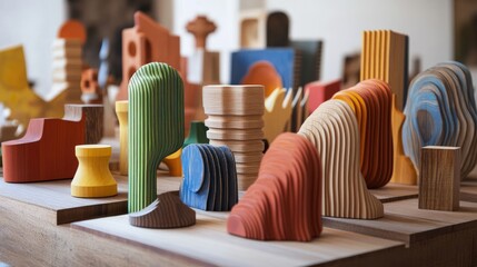 Poster - Vibrant Wooden Shapes Displayed Creatively on a Wooden Surface