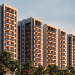 A row of apartment buildings with balconies and trees Condominium  