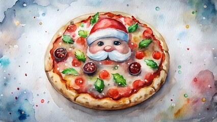 Christmas pizza decorated with santa claus face and colorful splashes