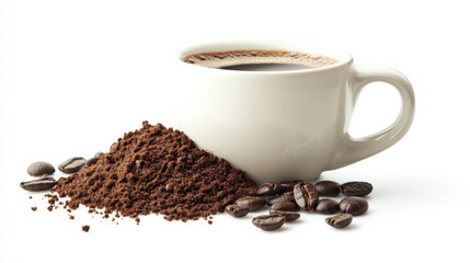 Conceptual coffee photography featuring a coffee mug and ground coffee beans, isolated on a white background.