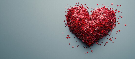 Poster - Red Heart Consists Of Small Confetti On Gray Background Simple Romantic Backdrop With Copy Space