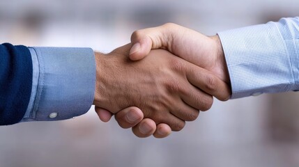 Two hands engaged in a firm handshake, symbolizing agreement, partnership, and collaboration in a professional setting.