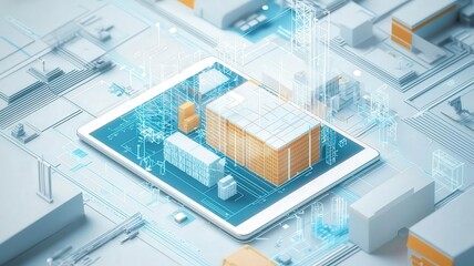 Wall Mural - warehouse management concept. digital twin of a warehouse displayed on tablet, logistics planning.