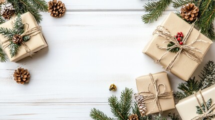 Gift boxes adorned with spruce branches and decorative toys on a white wooden surface Festive card concept Flat lay with ample copy space