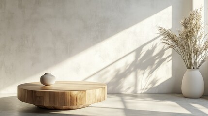 Poster - Cozy room corner mockup featuring soft sunlight a wooden circular table and a white concrete wall for product display or branding purposes