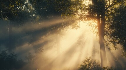 Poster - Enchanting fog envelops a forest landscape where trees stand amidst a mystical dust illuminated by radiant sunlight and beams piercing through the mist