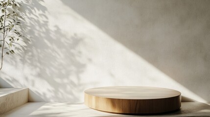 Poster - Cozy room corner mockup featuring soft sunlight a wooden circular table and a white concrete wall for product display or branding purposes