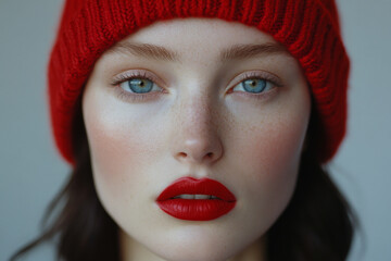 Close-up portrait of a very beautiful woman with a relaxed face in a knitted red hat and bright makeup, with red lipstick on her lips.