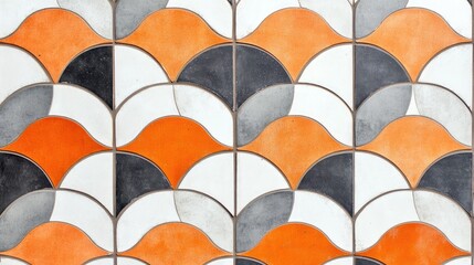 Poster - Orange white and gray vintage retro geometric mosaic pattern created with square cement tiles providing a textured background suitable for various design projects