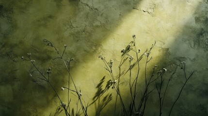 Poster - Abstract shadows of grass flowers on a textured greenish yellow wall showcasing roughness and irregularities A nature inspired background with space for text overlay or poster mockup