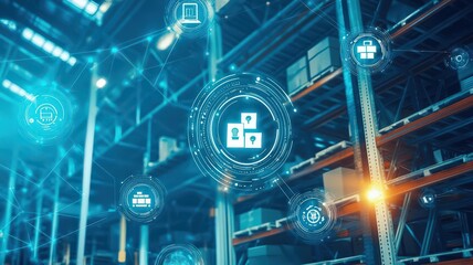 Smart warehouse with IoT sensors on inventory, logistics efficiency, connected warehouse systems