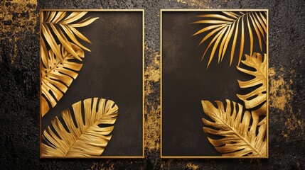 Poster - Two blank vertical poster or card mockups with golden palm and monstera leaves on a dark grey textured background Elegant tropical design Flat lay Space for text