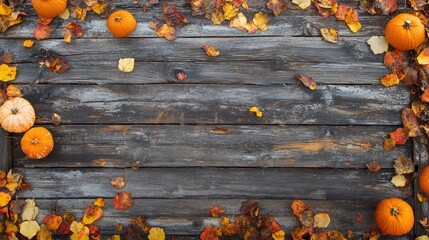 Poster - Weathered wooden surface featuring pumpkins and leaves providing a festive backdrop for autumn celebrations Ideal for artistic textures presentation layouts or web backgrounds