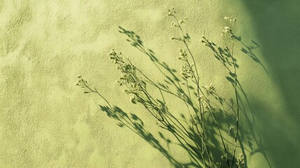 Poster - Abstract shadows of grass flowers on a textured greenish yellow wall showcasing roughness and irregularities A nature inspired background with space for text overlay or poster mockup