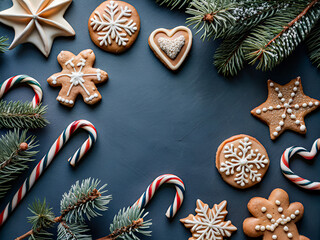 Merry Christmas, decorations and holiday sweets on a black floor, background 