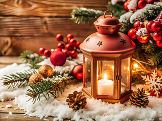 Merry Christmas, beautiful lantern with decorations and snow over wooden floor