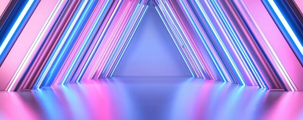 Cyber hallway with blue glowing lines, reflective floor, endless futuristic perspective, representing data transfer and tech innovation