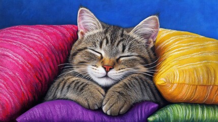Poster - Sleepy Cat Nestled Among Colorful Cushions