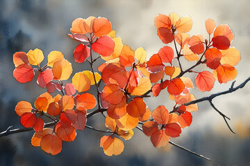 A vibrant cluster of autumn leaves in shades of orange and yellow, illuminated against a soft, blurred background.