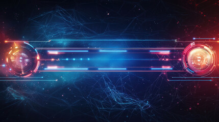 Poster - A vibrant, futuristic digital design featuring glowing blue and red elements, with abstract lines and shapes creating a high-tech feel.