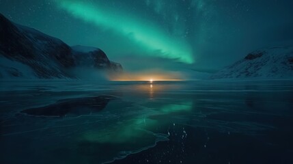 Sticker - A stunning view of the aurora borealis illuminating a frozen lake at night.