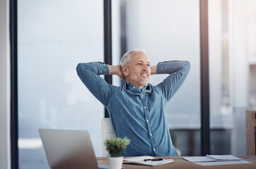 Aufkleber - Smile, relax and mature businessman stretching, finish work or thinking of freedom in startup for creative writer. Peace of mind, happy and manager on break, calm and rest in office for inspiration