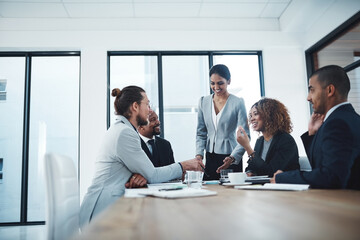 Poster - Brainstorming, planning and smile in meeting, group and documents of financial report, team and boardroom. Office, discussion and corporate people with communication, colleagues and insurance company