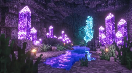 Poster - Exploring the enchanting hidden cave adorned with radiant crystals and a serene waterway illuminated by luminescence