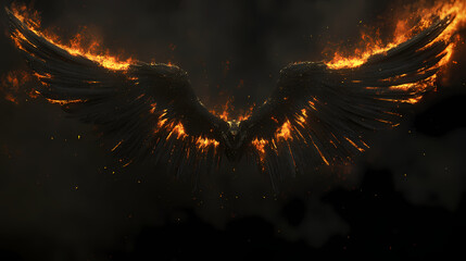 Wall Mural - On a black background, angel wings, hellish wings on fire. Fire Demon. Illustration