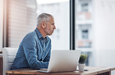 Aufkleber - Corporate, mature businessman and thinking with laptop for business plan, project and brainstorming. Office, financial advisor and idea with technology for investment, budgeting and problem solving