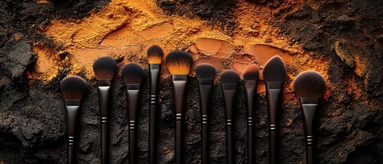 A set of professional makeup brushes arranged artistically on a textured surface, showcasing their soft bristles and sleek black handles for beauty enthusiasts.