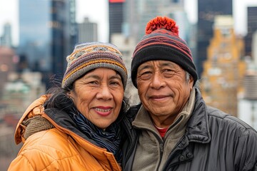 Sticker - Portrait of a grinning latino couple in their 60s sporting a trendy beanie isolated in vibrant city skyline