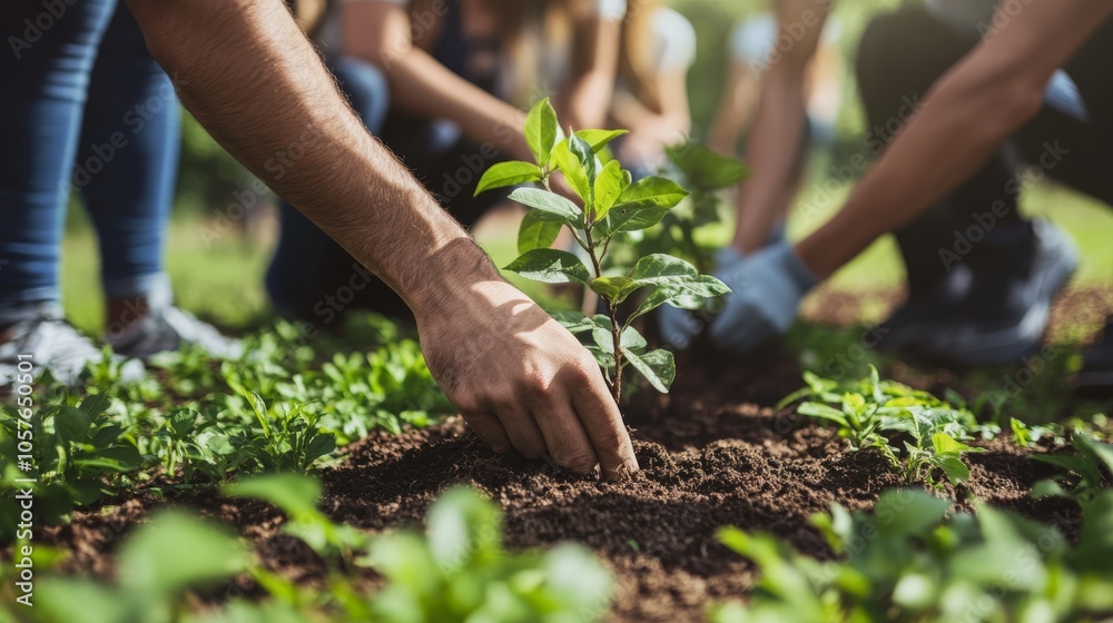 A diverse group of people participating in a tree planting event in a ...