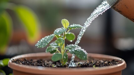Aufkleber - A gardener gently waters a young plant in a small pot, with droplets glistening in the sunlight.