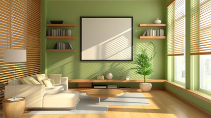 Wall Mural - Modern Living Room with Green Walls  Wooden Blinds  and White Sofa