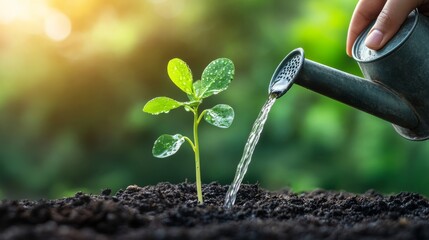 Aufkleber - A green sprout is being watered by a hand holding a watering can, with the background blurred to emphasize the young plant.