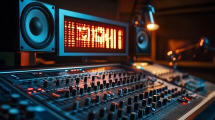 Poster - A high-tech studio with a prominent on-air sign, featuring a large soundboard, multiple microphones, and studio lights arranged to create a professional broadcast environment.