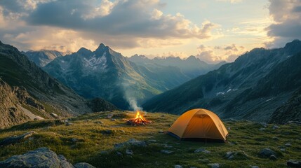 Aufkleber - A panoramic view of a mountain camping site with a cozy tent set up on a grassy clearing, surrounded by rugged peaks and distant clouds, a campfire softly glowing in the twilight.