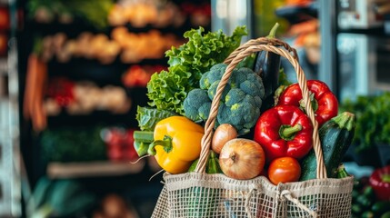Poster - A reusable shopping bag overflowing with fresh vegetables and fruits