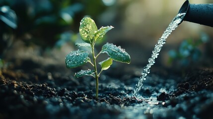 Wall Mural - A single young plant growing in a soil bed, being nurtured by a gentle stream of water from a watering can.