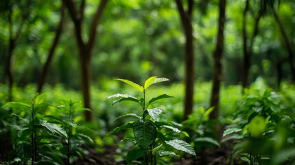 A thriving green forest with newly planted trees, showcasing the impact of global environmental efforts and ESG initiatives.