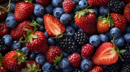 Poster - A visually appealing spread of assorted berries with a focus on the bright red of strawberries, the deep blue of blueberries, and the rich tones of blackberries, set against a plain background.
