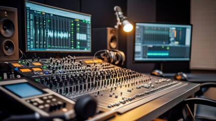 Poster - A well-organized radio studio showing an on-air light, with a mixing console, headphones, and a desktop computer, all set against a clean backdrop.