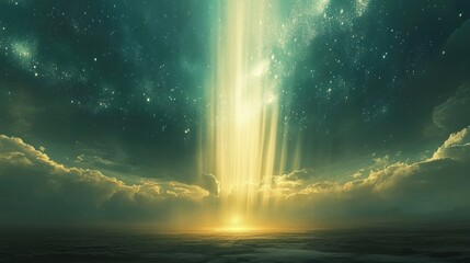 Wall Mural - A celestial landscape with a golden light beam emerging from the clouds and stars in the sky.
