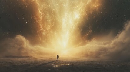 Wall Mural - Solitary Figure Walking Towards a Celestial Event in a Foggy Landscape